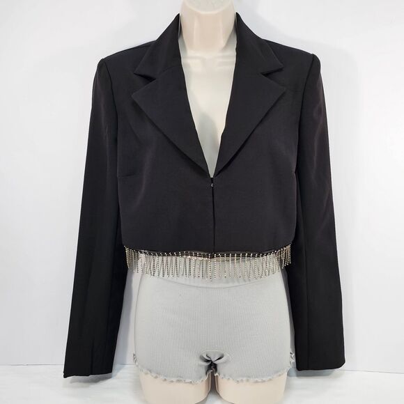 House of Harlow 1960 Black Cropped Blazer with Rhinestone Fringe, Size M - Picture 1 of 8